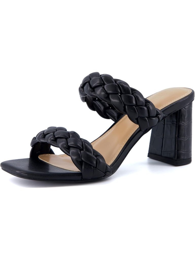 Women's Black Braided Block Heel Sandals With Square Toe Irine Chunky